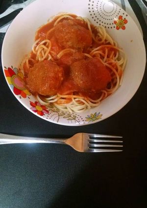 A picture of Meatballs with Spaghetti in Chipotle Sauce.