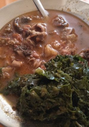 A picture of Stewed matumbo with greens.
