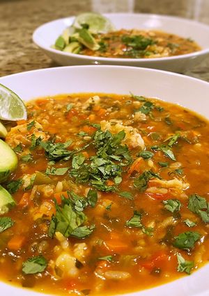 A picture of Asopoa de Camarones (shrimp and rice soup).