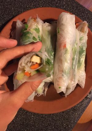 A picture of Satay tofu rice paper rolls.