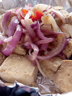 A picture of Cubic awara with onion sauce.