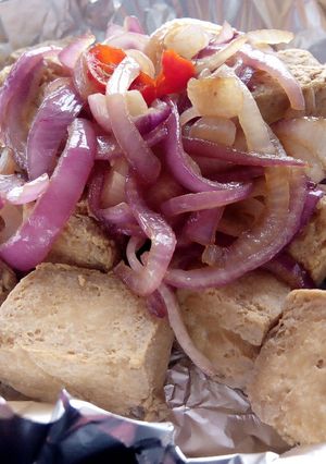 A picture of Cubic awara with onion sauce.