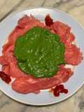Beef Carpaccio with Baby Spinach Pesto and Chili Pepper Jam