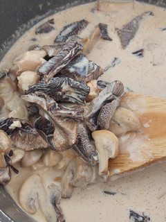 Una foto de Salsa de champiñones, callampas y pollo