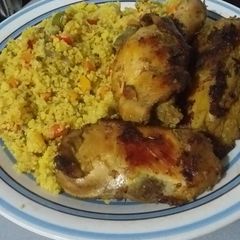 Stir fried couscous with roasted chicken A picture of Stir fried couscous with roasted chicken.