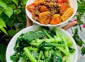 Hình của món Bò xào bắp non + cải luộc (healthy).