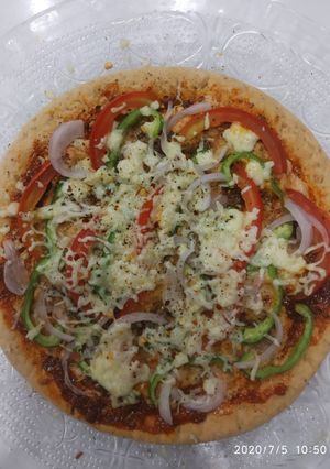A picture of Onion capcicum tomato pizza.