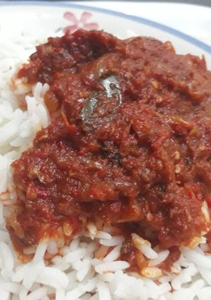 A picture of Boiled rice and stew.