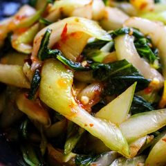 A picture of Spicy Sweet Sour Quickled Baby Bok Choy.