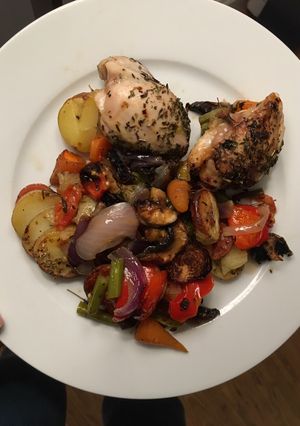 A picture of Chop & chuck chicken & chorizo traybake.