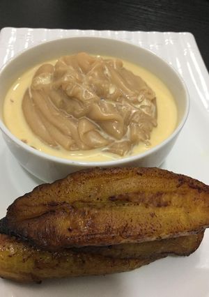 A picture of Brown pap and fried plantain.