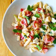 A picture of Shrimp, Tomato and Feta Pasta with Watercress.