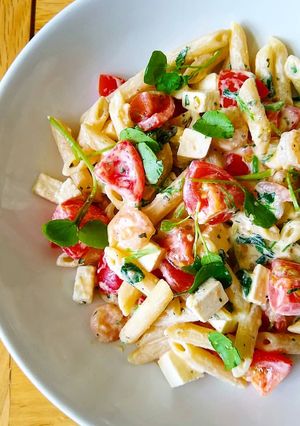 A picture of Shrimp, Tomato and Feta Pasta with Watercress.
