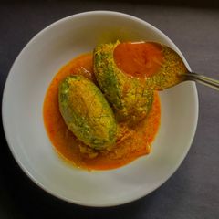 A picture of Stuffed Karele or Bitter Gourd with Chicken Qeema in Kashimiri style.