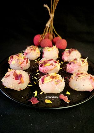 A picture of Lychee Rose Sandesh - 15 Minutes - Quick & Easy - Fireless Sweet - Indian Bengali Mithai.