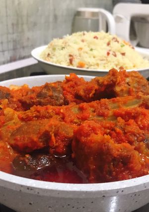 A picture of Fried goat meat stew.