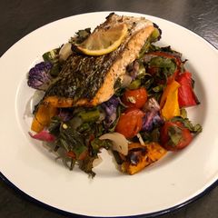 Rainbow roast salmon and veg 🌈 A picture of Rainbow roast salmon and veg 🌈.