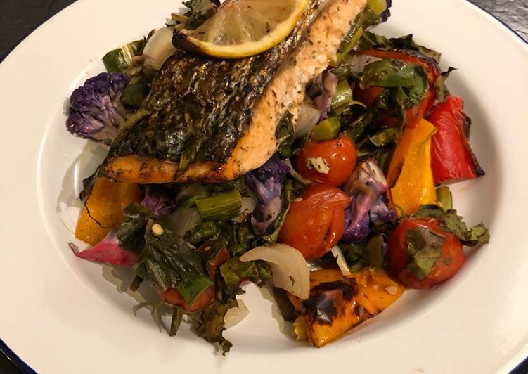 Recipe of Homemade Rainbow roast salmon and veg 🌈