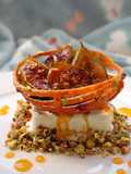 Ginger and Bay Leaf Ice Cream, Saffron Honey Jalebi, Nut Crumb and Grilled Fresh Figs