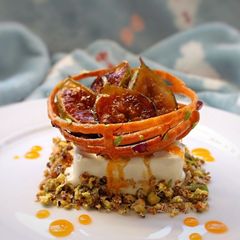 A picture of Ginger and Bay Leaf Ice Cream, Saffron Honey Jalebi, Nut Crumb and Grilled Fresh Figs.