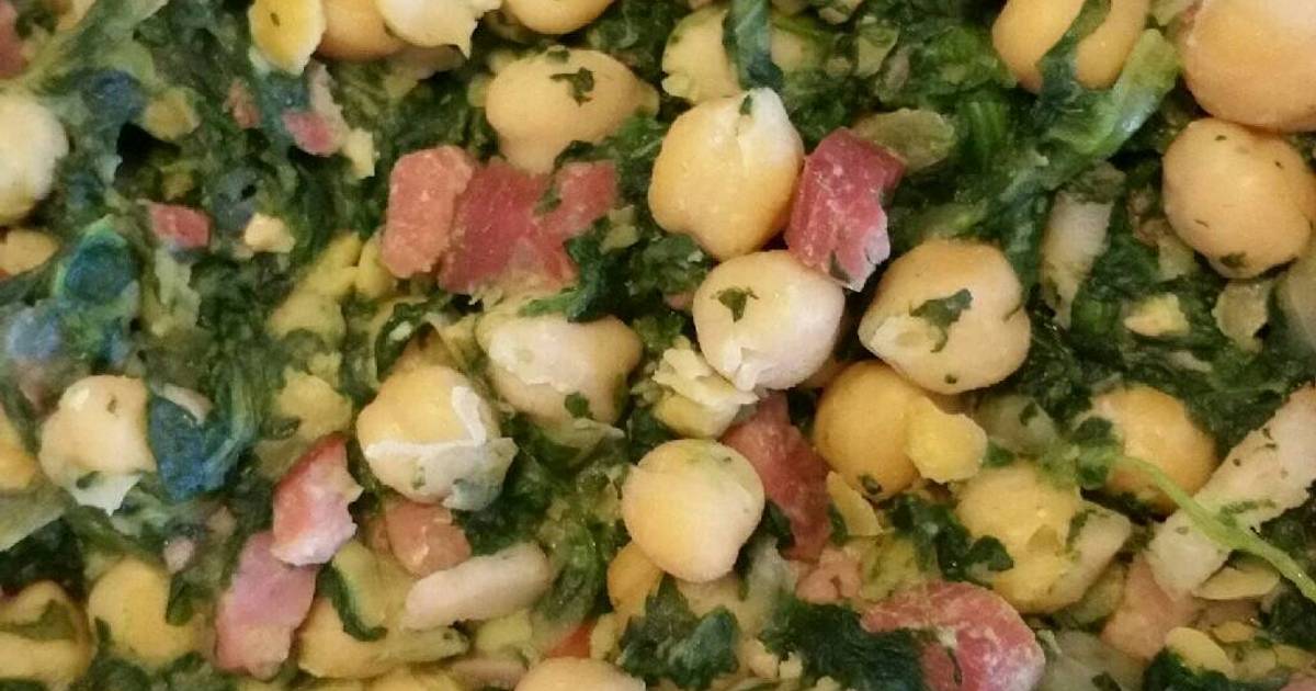 Salteado de garbanzos y espinacas con jamón y bacon Receta de Spitarozmah Cookpad
