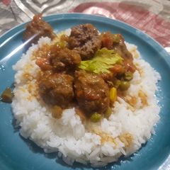 A picture of Rice and beef rounds in sauce.