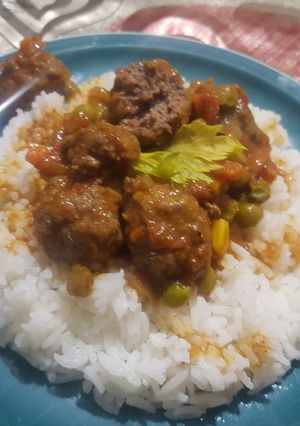 A picture of Rice and beef rounds in sauce.
