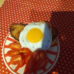 A picture of Croque Madam or cheese and ham toast with egg.