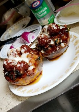 A picture of Baked Bean & BBQ Meatball Stuffed Acorn Squash.