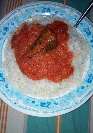 A picture of White rice and oil less stew.
