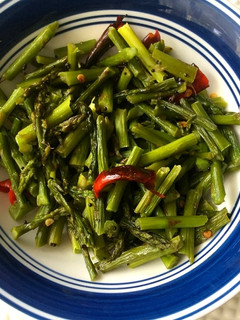 A picture of Asparagus Upkari/Stir Fry with Mustard and Chilies.