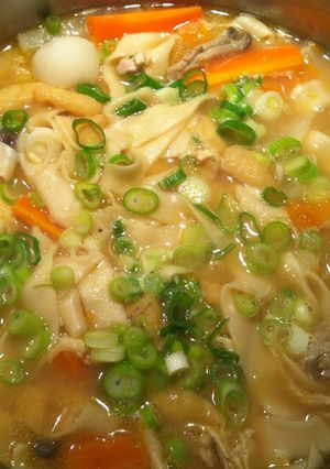 A picture of ‘Hōtō’ Noodle Miso Soup.