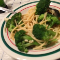 A picture of Spaghetti  potato and broccoli bowl.