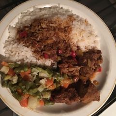 A picture of Rice, Mixed Veg & Beef stew.