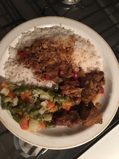 A picture of Rice, Mixed Veg & Beef stew.