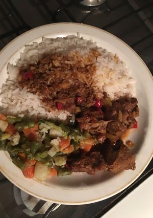 A picture of Rice, Mixed Veg & Beef stew.