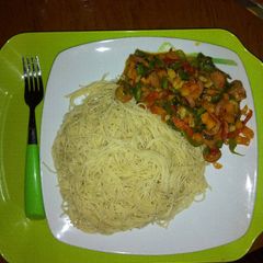 Shrimp veggie stir-fry with spagettini A picture of Shrimp veggie stir-fry with spagettini.