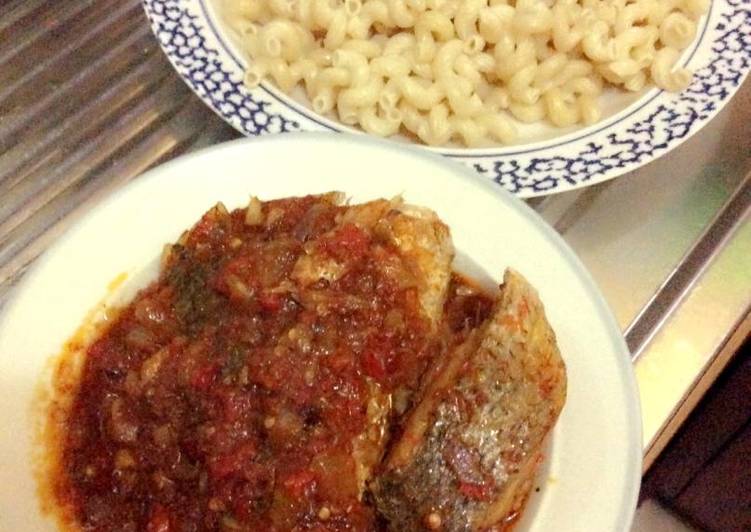 Pasta (marcaroni) with croaker fish stew