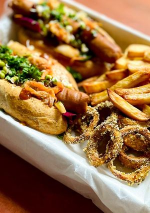 A picture of Kimchi hot dog.