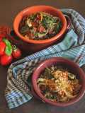 Tagliatelle con tenerumi pomodori secchi e mollica croccante
