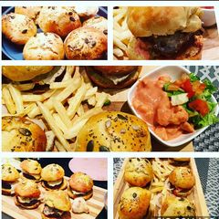 Homemade burger buns topped with flax seeds and chia A picture of Homemade burger buns topped with flax seeds and chia.