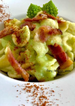 A picture of Orecchiette with Romanesco Broccoli, Crispy Guanciale, and Pecorino Romano.