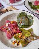 Spinach Beets Ravioli with Minced Mushroom in Bachmel Sauce