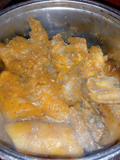 A picture of Chicken and plantain peppered soup.