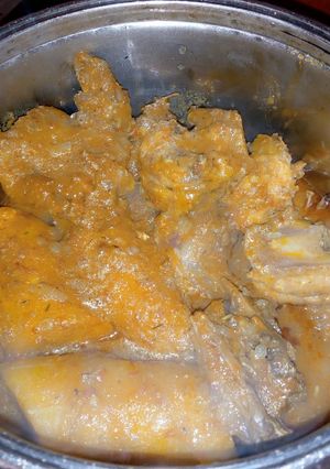 A picture of Chicken and plantain peppered soup.