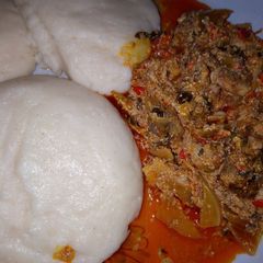 A picture of Semo and Egusi soup.