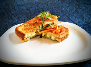 A picture of Quick Thai paneer sandwich with salad.