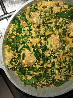 A picture of Egusi soup with Ram and Chicken Broth.