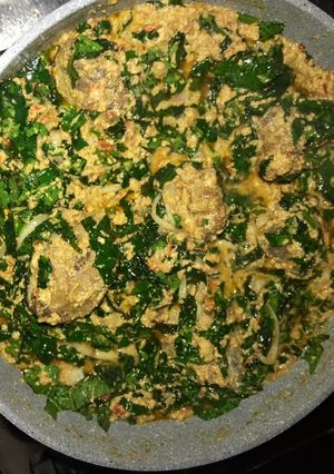 A picture of Egusi soup with Ram and Chicken Broth.