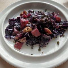 A picture of Spicy Red Cabbage with Peas and Pots.